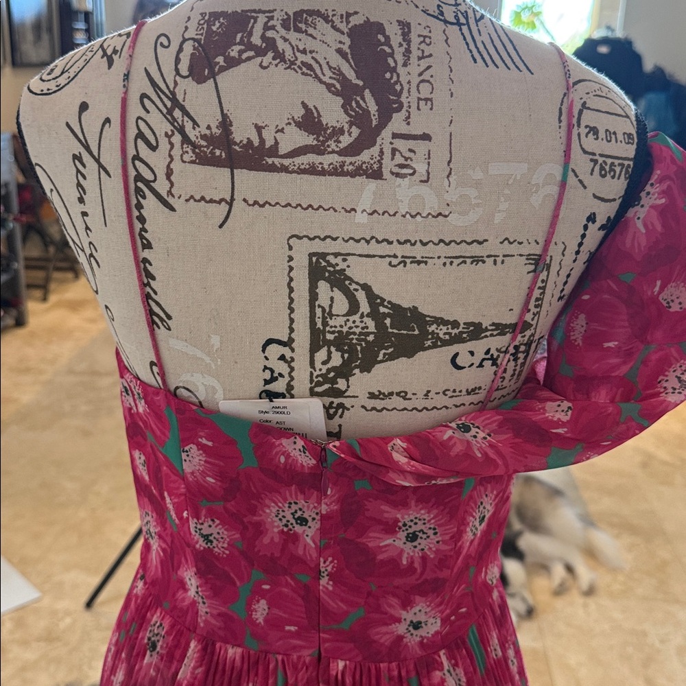 AMUR NWT Raspberry Floral One Shoulder Pleated Maxi Gown Wedding Guest Dress - Picture 5 of 10